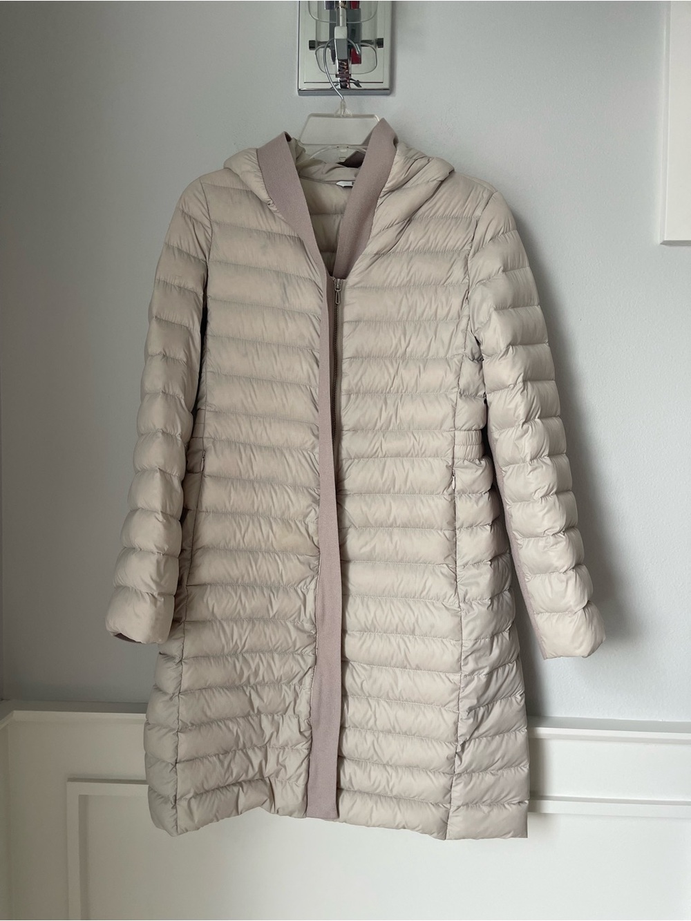 Light Taupe Quilted Hooded Long Puffer Coat